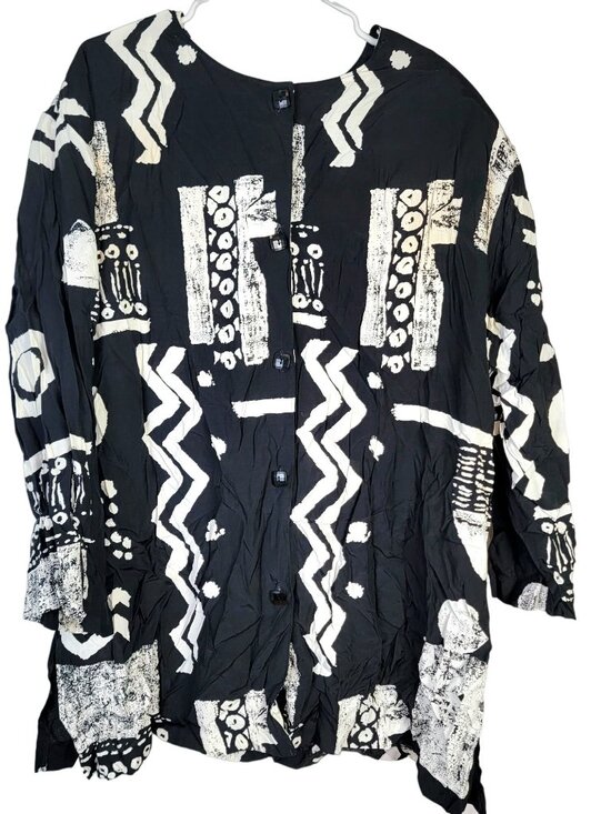 Vintage 80s Button Blouse Women Plus 22W Black White Shirt Top Formal Work Fall - Picture 1 of 16
